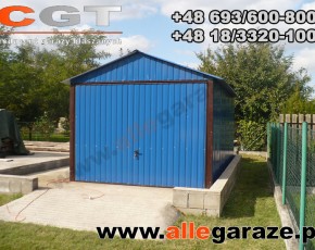 Garaż blaszany 3,5x6 dwuspadowy niebieski RAL 5010 brama uchylna