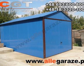 Garaż blaszany 3,5x6 dwuspadowy niebieski RAL 5010 brama uchylna